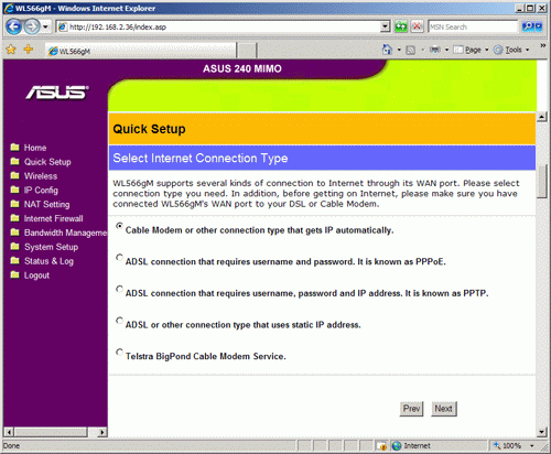 Setup wizard: connection type