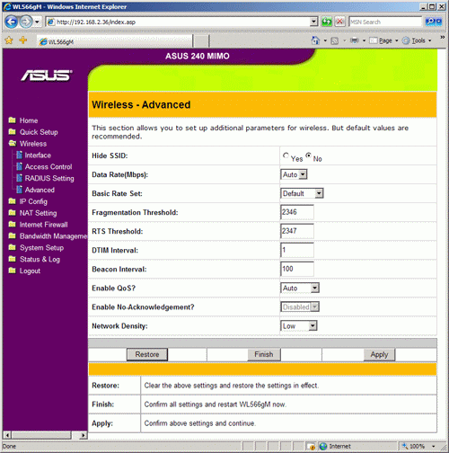 Advanced settings of the wireless network