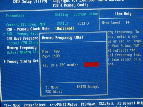 In the "Memory Timing Settings" subsection, the user can set the required memory latency timings: