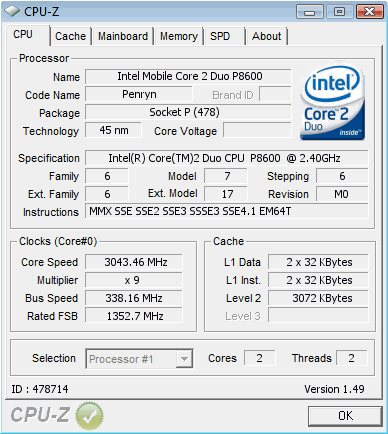 Скриншот программы CPU-Z 1.49, разгон процессора ноутбука