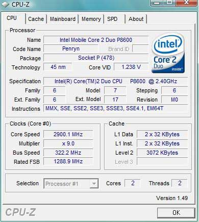 Скриншот программы CPU-Z 1.49, разгон процессора ноутбука