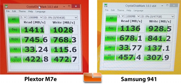 Plextor M7e против Samsung XP941 в CrystalMark