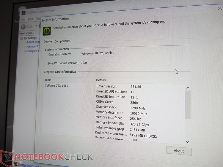  Окно Панели администрирования Nvidiа с данными GeForce GTX 1080 Max-Q 