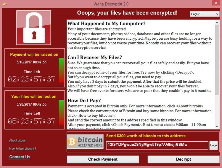  Окно шифровальщика-вымогателя WannaCry 
