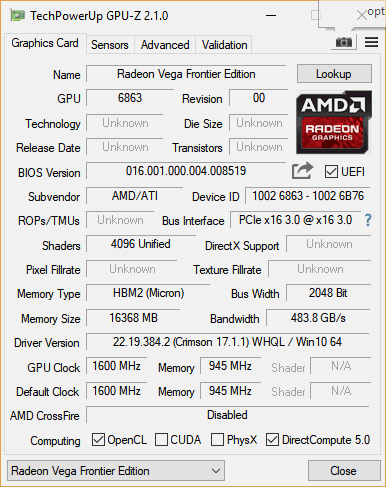  Модификация драйвера определилась неправильно — применялся Radeon Vega Frontier Edition 17.6 