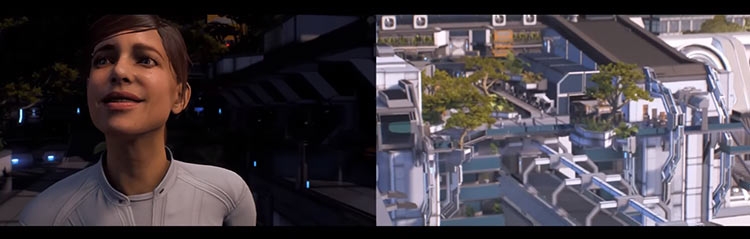  BioWare обозначила данную блуждающую счастливую ухмылку Сары Райдер из вводной сцены с презентацией фрегата «Буря» (справа — было, слева — стало) 