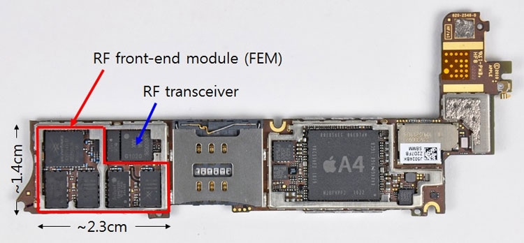  Ярко-красным обведены RF-блоки для Эпл Айфон 4, они все мог стать интегрирвоанными благодаря RF SOI 