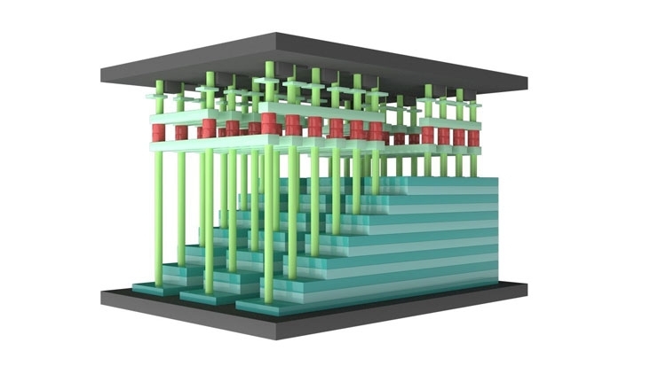  «Японская память» 3D NAND состоит из 2-ух автономных кристаллов с внешним видом и массивом памяти (рубеж в месте «ярко-красных» контактов) 