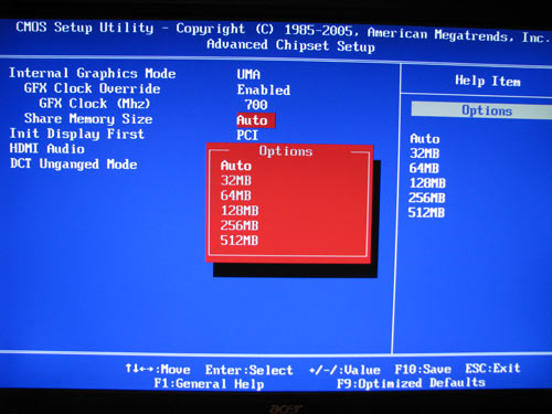  ECS A780GM-A Ultra выбор объема памяти 