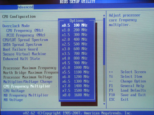 ASRock K10N780SLIX3-WiFi множитель CPU