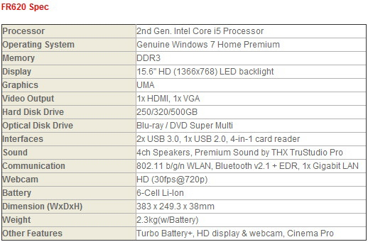 MSI FR620 Specs MSI FR620 Specs