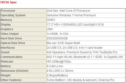 MSI FR720 Specs MSI FR720 Specs