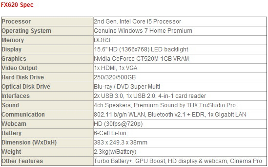 MSI FX620 Specs MSI FX620 Specs