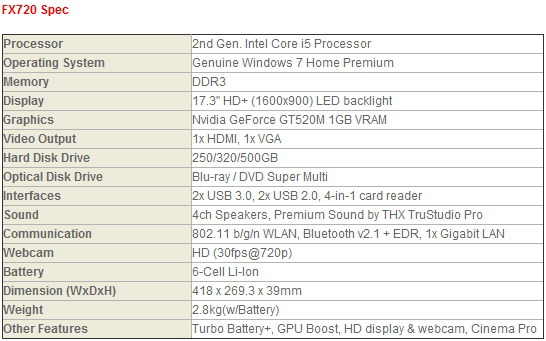 MSI FX720 Specs MSI FX720 Specs
