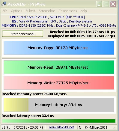 Разогнанный Core i7 2600K: 30 Гбайт/сек в тесте MaxxMEM