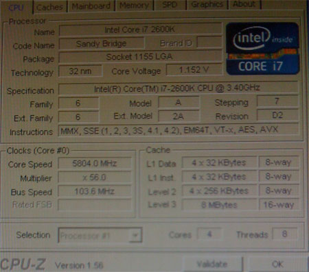 Core i7-2600K плюс воздух равно 5794 МГц