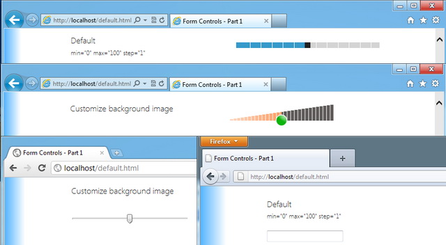  Средства управления HTML5 с изменённым фоновым изображением в IE10 (сверху), Chrome (слева внизу) и Firefox (справа внизу) 