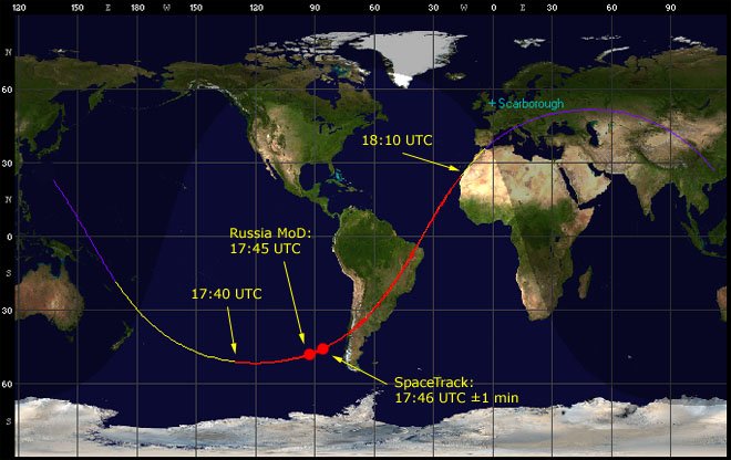  Место падения зонда по версии Минобороны РФ (Russian MoD) и монитоингового ресурса NASA SpaceTrack 
