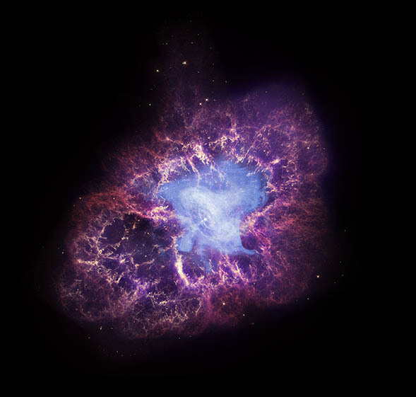  Крабовидная туманность, возникшая после взрыва сверхновой, глазами телескопов Хаббл и Чандра 