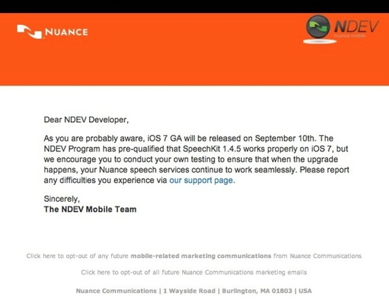 Дата релиза iOS 7 подтверждена в письме Nuance к разработчикам