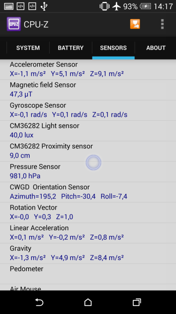  HTC One M8 system information: sensors 