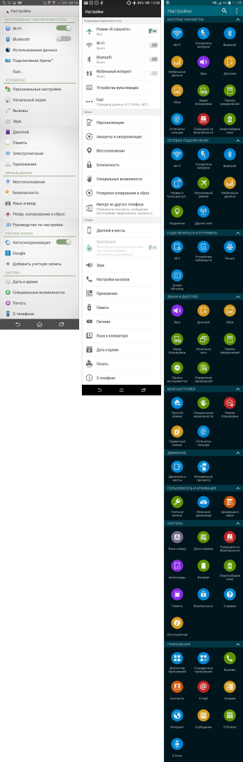 Settings menu comparison: Sony Xperia Z2, HTC One M8 and Samsung Galaxy S5 