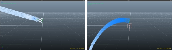  Пример использования процедуры гравитации: слева — просчет источника частиц без влияния гравитации, справа — симуляция после добавления процедуры Gravity 