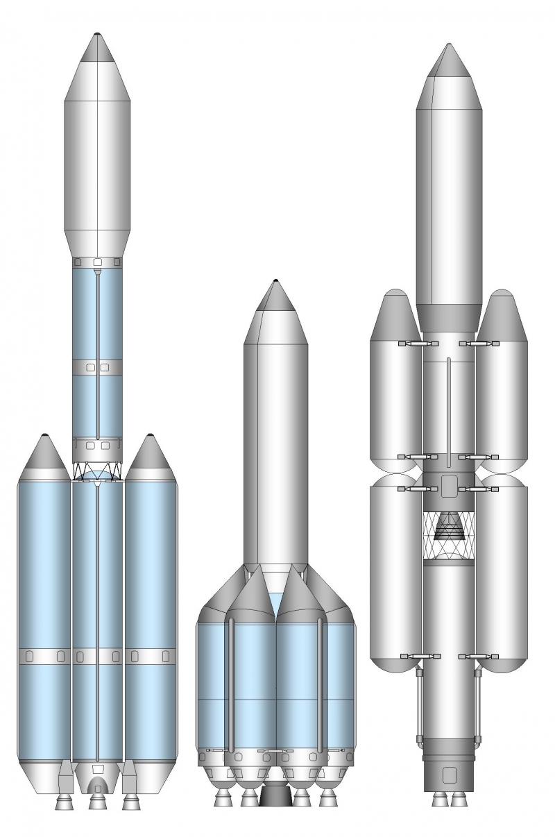  Ракеты-носители, предложенные НПО «Энергия» (слева) и ГКНПЦ имени М.В. Хруничева. Интересный вариант с переливом топлива (в центре) был отвергнут. Рисунок Д. Воронцова 