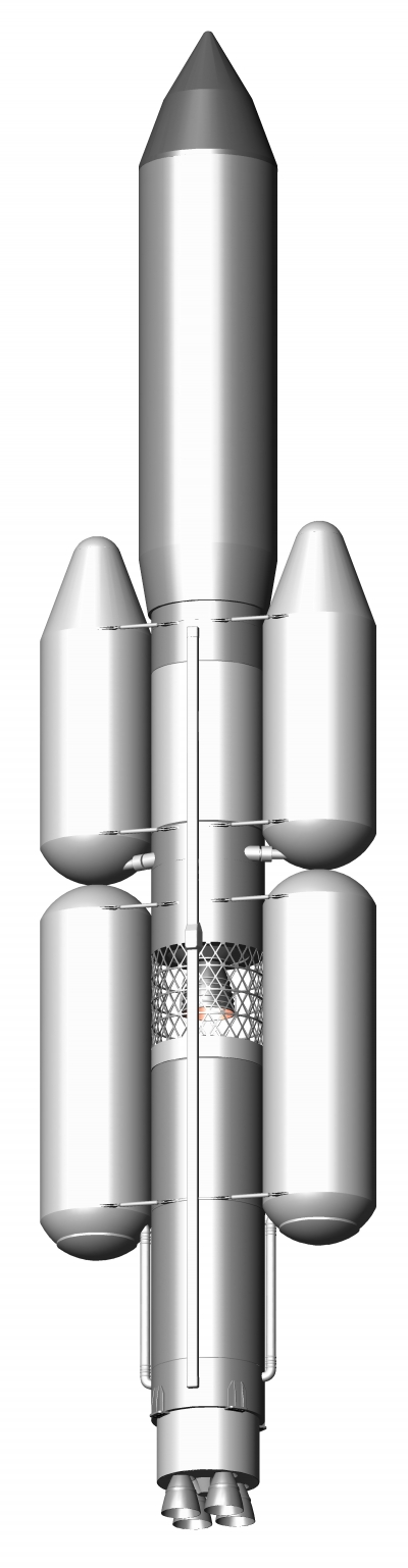  Первоначальный вариант ракеты-носителя «Ангара» смотрелся необычно из-за подвесных баков на первой и второй ступенях. Графика А. Шлядинского 