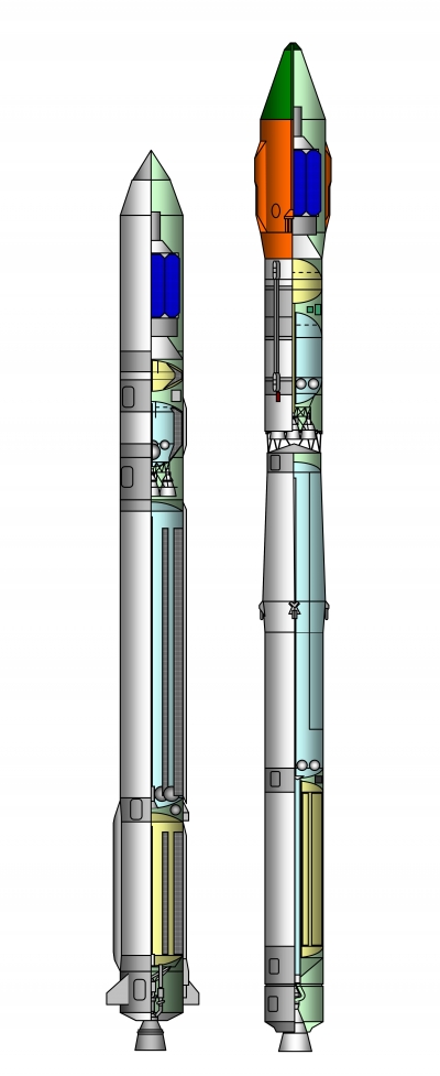  В отличие от «Ангары-1.2ПП» («первого пуска»), штатная лёгкая ракета будет иметь ступени одного «калибра». Её конкурентом на внутреннем рынке выступает «Союз-2.1В» (показан справа). Рисунок Д. Воронцова 
