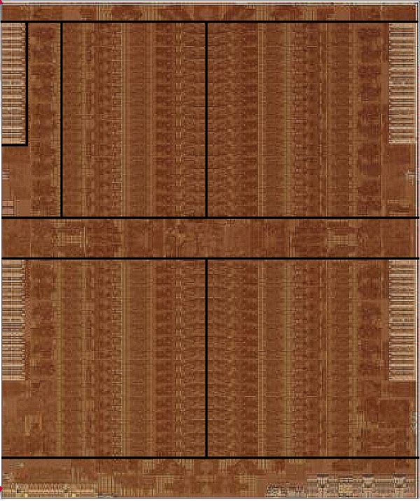  Снимок ядра графического процессора AMD Fiji с предполагаемой разметкой основных блоков 