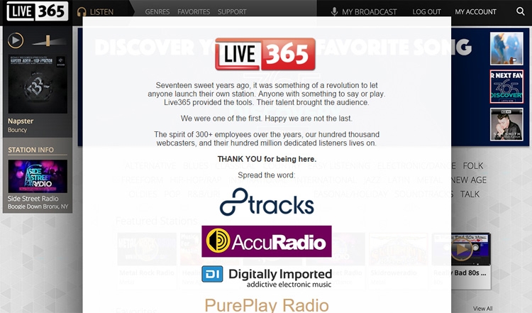 Теперь посетителей странички Live365.com встречает такое объявление