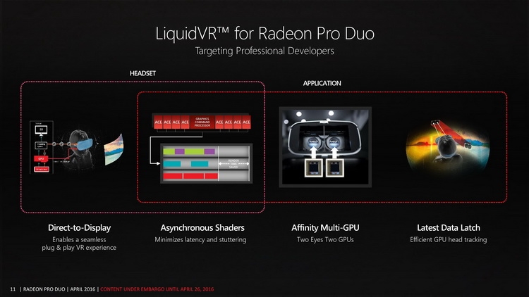  Благодаря эффективной работе с асинхронными вычислениями, Radeon Pro Duo идеально подходит для решений VR 