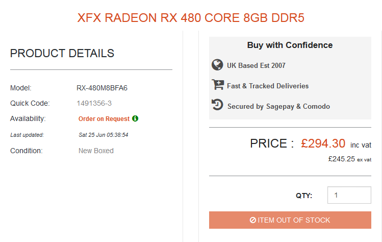 XFX Radeon RX 480 Core Edition с 8 Гигабайт GDDR5 по стоимости £294,30