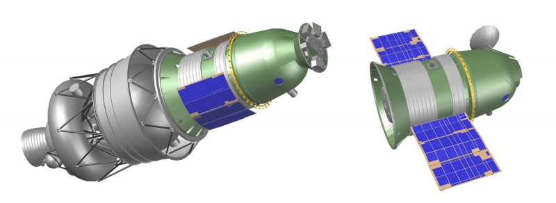  Корабль для облёта Луны 7К-Л1 «Зонд» на разгонном блоке и в полётной конфигурации. Графика А. Шлядинского 