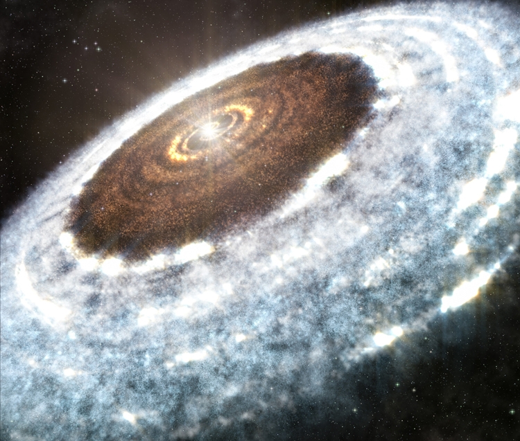 «Черта водного снегопада» вокруг молодой звезды V883 Orionis в представлении живописца