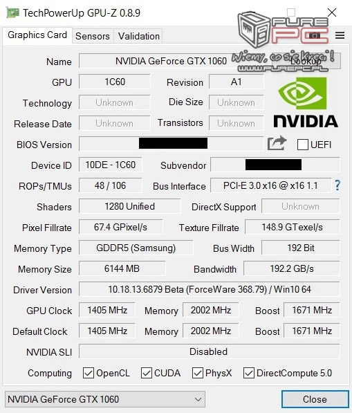 Подвижная карта памяти GeForce GTX 1060