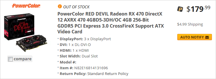 Стоимость PowerColor Red Devil RX 470 близка к рекомендованным AMD $179