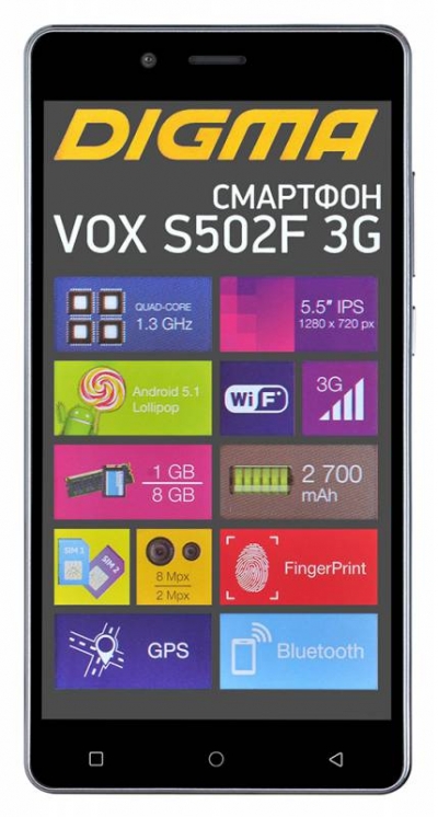  Digma VOX S502F 3G – официальное фото с перечнем основных характеристик устройства 