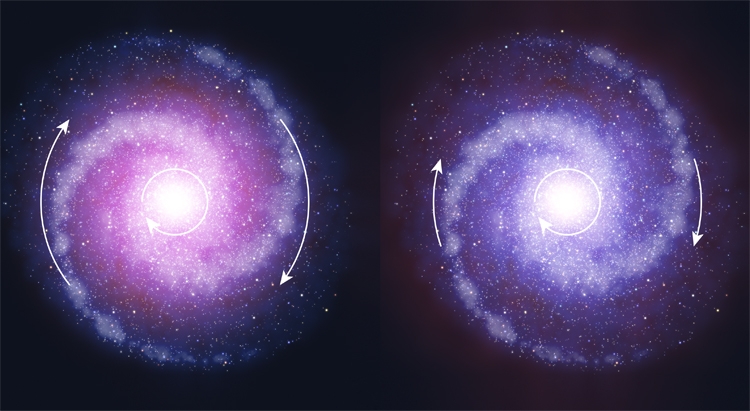 Вращающиеся диски галактик ранней Вселенной (справа) и в настоящее время