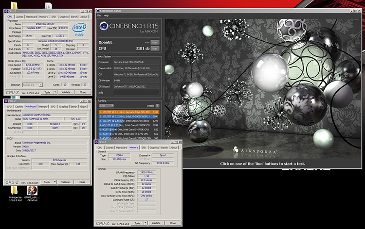 Результат Core i9-7900X под жидким азотом — 3181 очко на частоте CPU в 5755 МГц