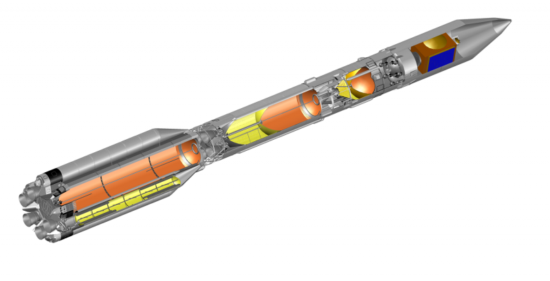 Модернизированная ракета-носитель «Протон-М» с существенно улучшенными эксплуатационными и энергетическими характеристиками. Графика А. Шлядинского 