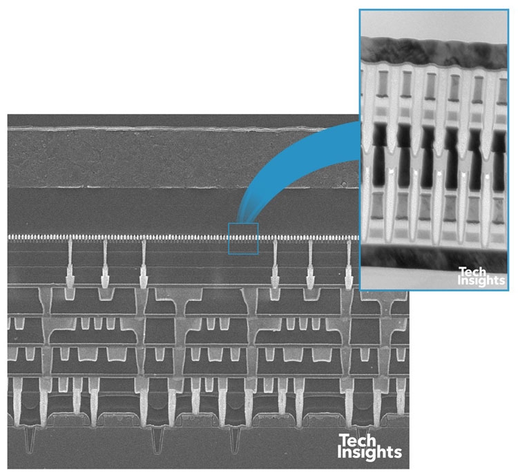 Секция памяти 3D XPoint в разрезе под микроскопом (TechInsights)