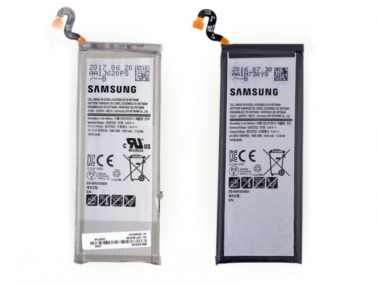  Слева — батарея фаблета Galaxy Note7, справа — Galaxy Note Fan Edition 