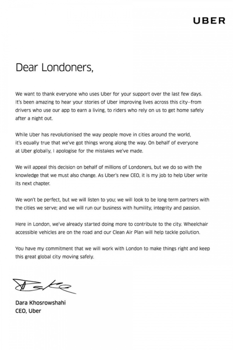 Новый глава Uber публично извинился перед лондонцами за ошибки компании"
