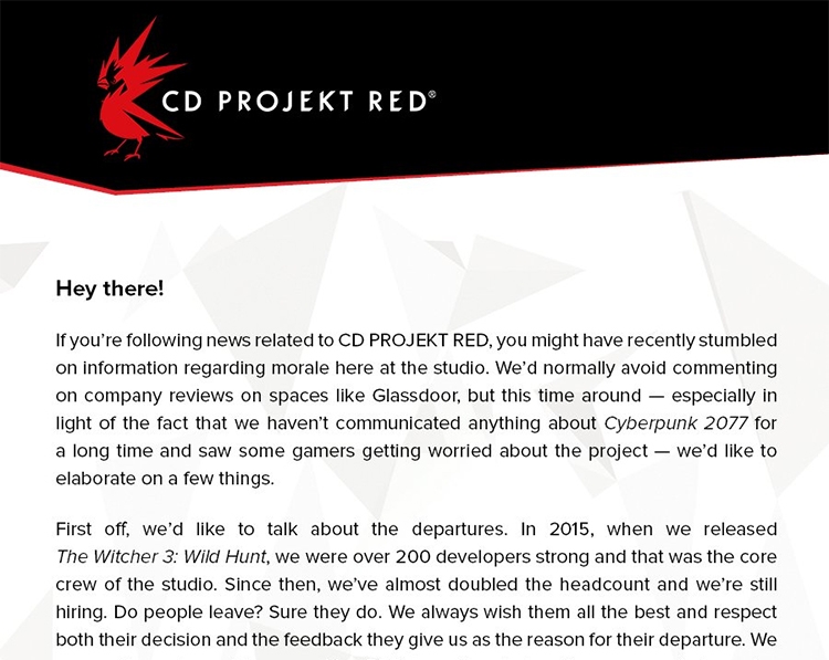CD Projekt RED отреагировала на слухи о проблемах в студии и угрозе для Cyberpunk 2077"