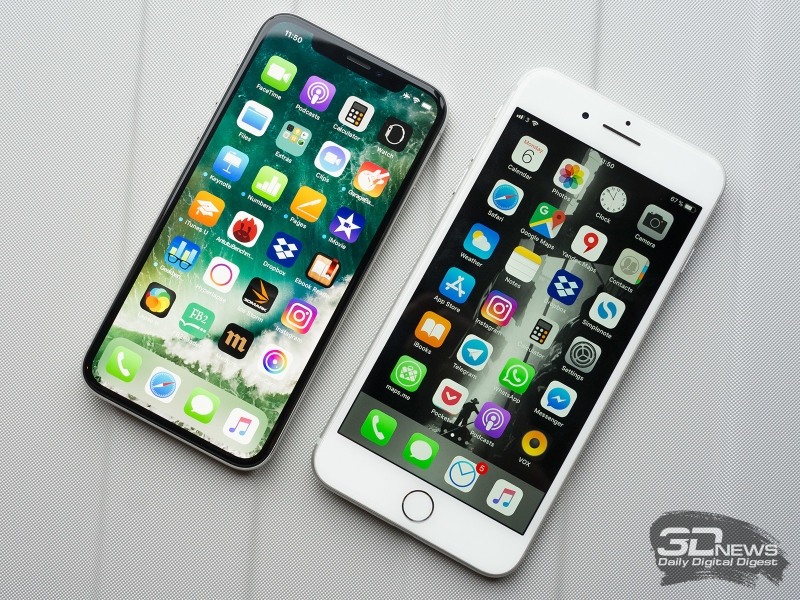  iPhone X и iPhone 7 Plus, вид спереди 