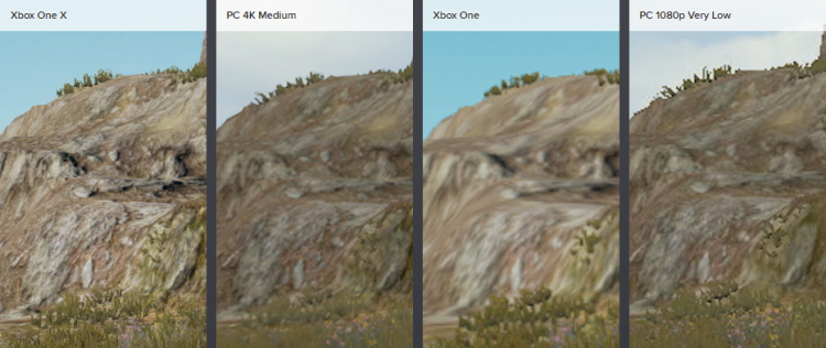 Xbox One X обладает превосходной текстурой земли в этой сцене в сравнении с ПК-версией, работающей на средних настройках. В случае с Xbox One качество текстур меняется — иногда лучше, иногда хуже очень низких настроек на ПК. Тем не менее, младшая консольная версия обладает окклюзией окружения, которая отсутствует в эквивалентной ПК-версии