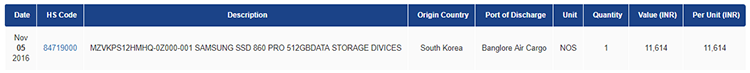 В Индию экземпляр Samsung SSD 860 PRO прибыл ещё в ноябре, но не для продажи, а для тестирования