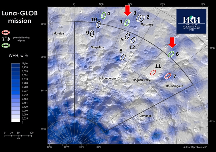 Места возможной посадки «Луна-25». Цветом обозначено процентное содержание по массе водорода в реголите. Изображение ИКИ РАН